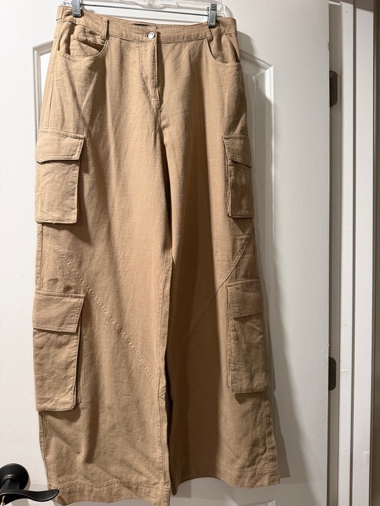 Mango Pants - Mango Tan Linen Wide-Leg Cargo Pants